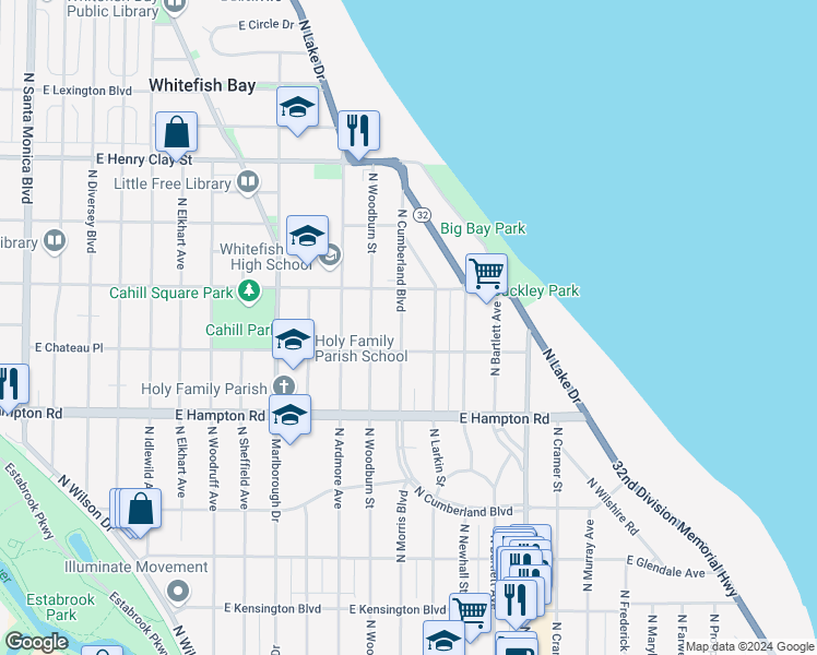 map of restaurants, bars, coffee shops, grocery stores, and more near 4959 North Cumberland Boulevard in Whitefish Bay