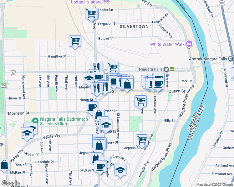 map of restaurants, bars, coffee shops, grocery stores, and more near in Niagara Falls