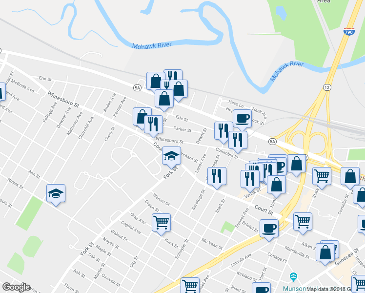map of restaurants, bars, coffee shops, grocery stores, and more near 1141 Whitesboro Street in Utica