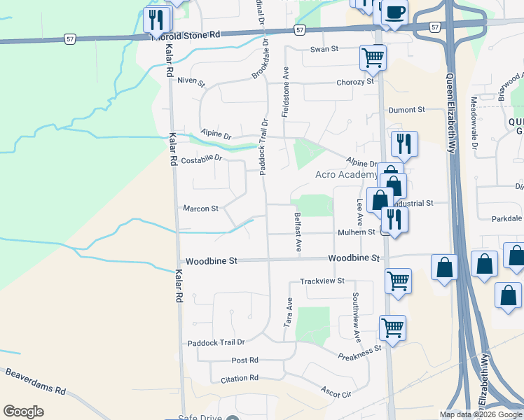 map of restaurants, bars, coffee shops, grocery stores, and more near 7993 Pinellas Park Drive in Niagara Falls