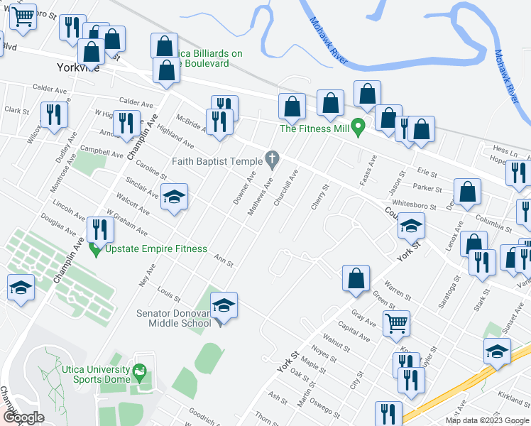 map of restaurants, bars, coffee shops, grocery stores, and more near 1018 Churchill Avenue in Utica