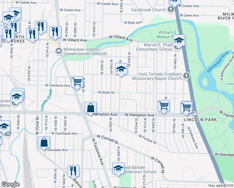 map of restaurants, bars, coffee shops, grocery stores, and more near 4915 North 24th Street in Milwaukee
