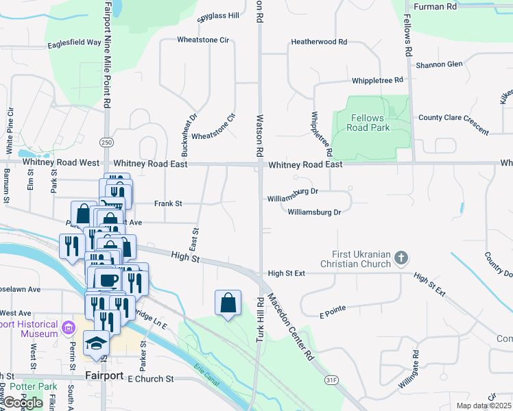 map of restaurants, bars, coffee shops, grocery stores, and more near 697 Turk Hill Road in Fairport