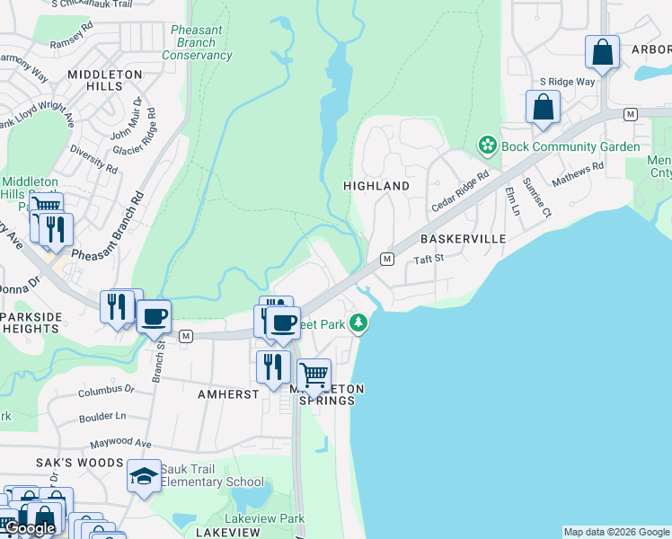 map of restaurants, bars, coffee shops, grocery stores, and more near 2911 Marina Drive in Middleton