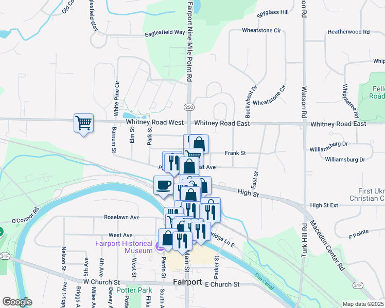 map of restaurants, bars, coffee shops, grocery stores, and more near 154 North Main Street in Fairport