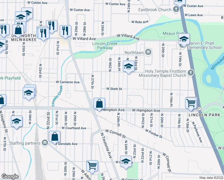 map of restaurants, bars, coffee shops, grocery stores, and more near 4915 North 24th Place in Milwaukee