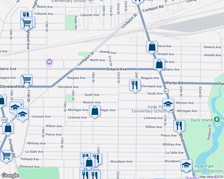 map of restaurants, bars, coffee shops, grocery stores, and more near 1886 Cleveland Avenue in Niagara Falls