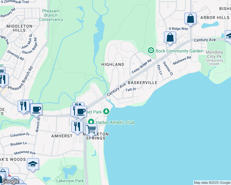 map of restaurants, bars, coffee shops, grocery stores, and more near 3215 Creekview Drive in Middleton