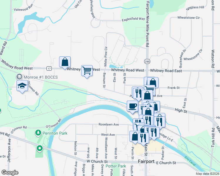 map of restaurants, bars, coffee shops, grocery stores, and more near 16 Elm Street in Fairport
