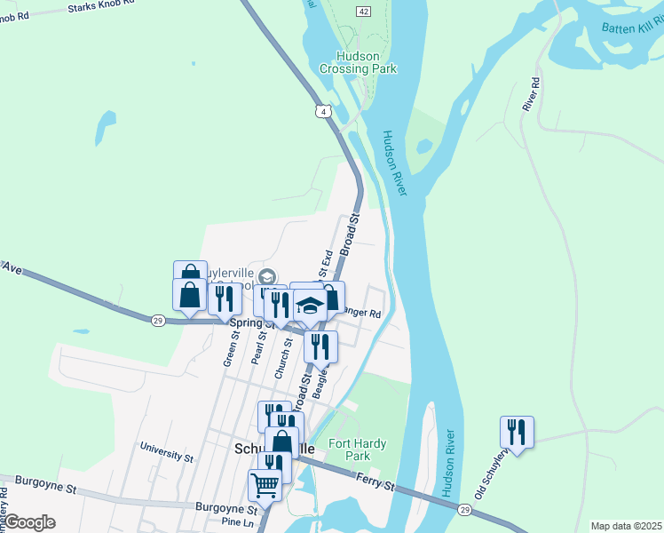 map of restaurants, bars, coffee shops, grocery stores, and more near 1 Division Street in Schuylerville