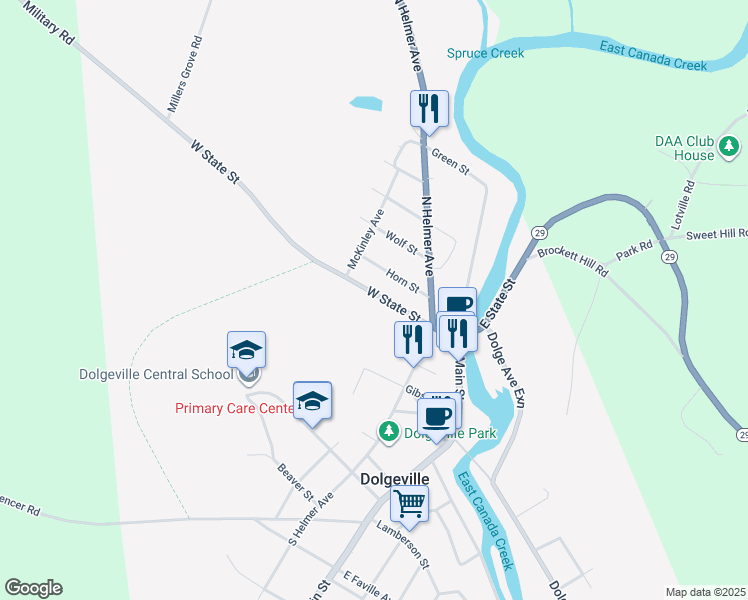 map of restaurants, bars, coffee shops, grocery stores, and more near 44 West State Street in Dolgeville