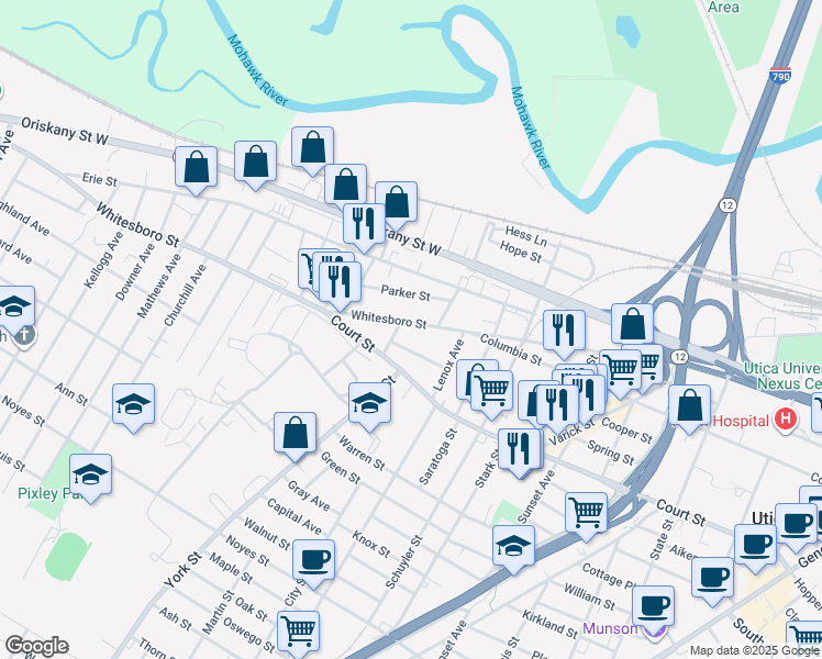 map of restaurants, bars, coffee shops, grocery stores, and more near 1124 Whitesboro Street in Utica