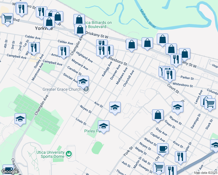 map of restaurants, bars, coffee shops, grocery stores, and more near 1009 Downer Avenue in Utica
