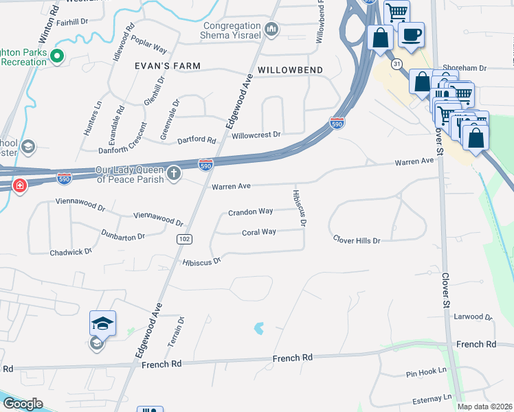 map of restaurants, bars, coffee shops, grocery stores, and more near 175 Warren Avenue in Rochester