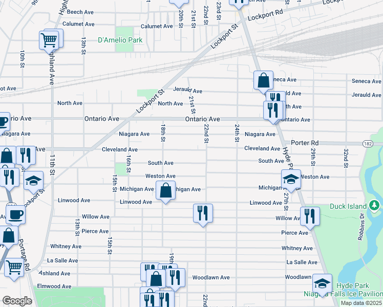 map of restaurants, bars, coffee shops, grocery stores, and more near 1848 Cleveland Avenue in Niagara Falls