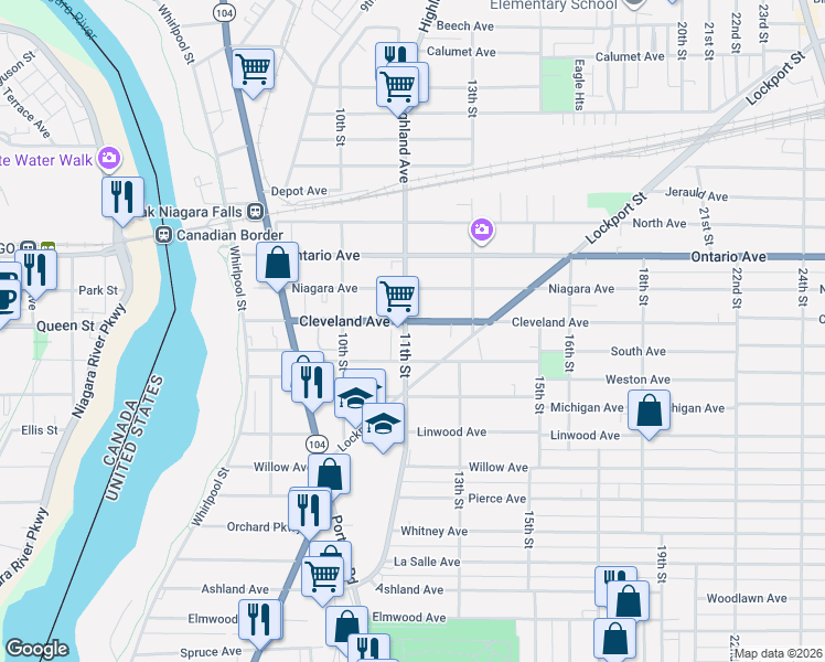 map of restaurants, bars, coffee shops, grocery stores, and more near 1112 Cleveland Avenue in Niagara Falls