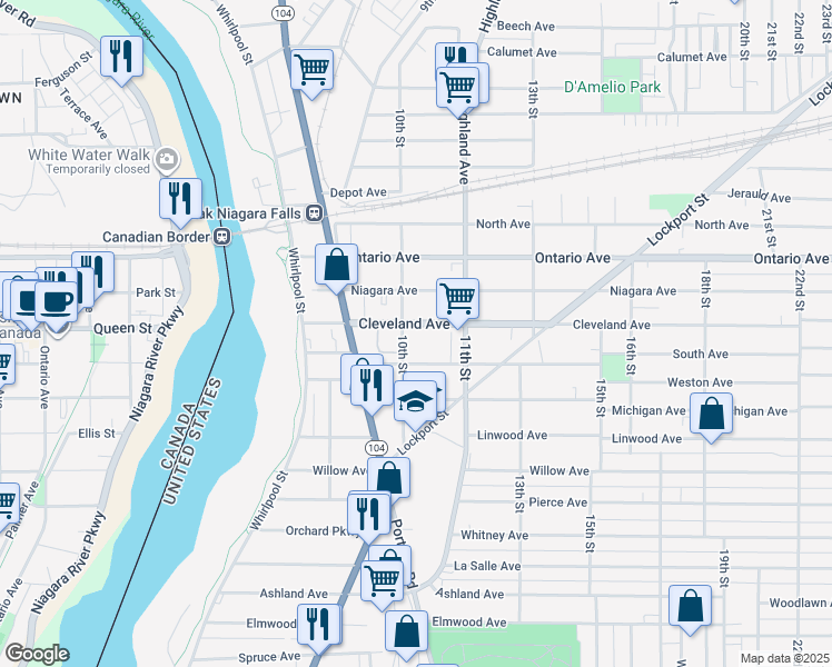 map of restaurants, bars, coffee shops, grocery stores, and more near 2006 10th Street in Niagara Falls