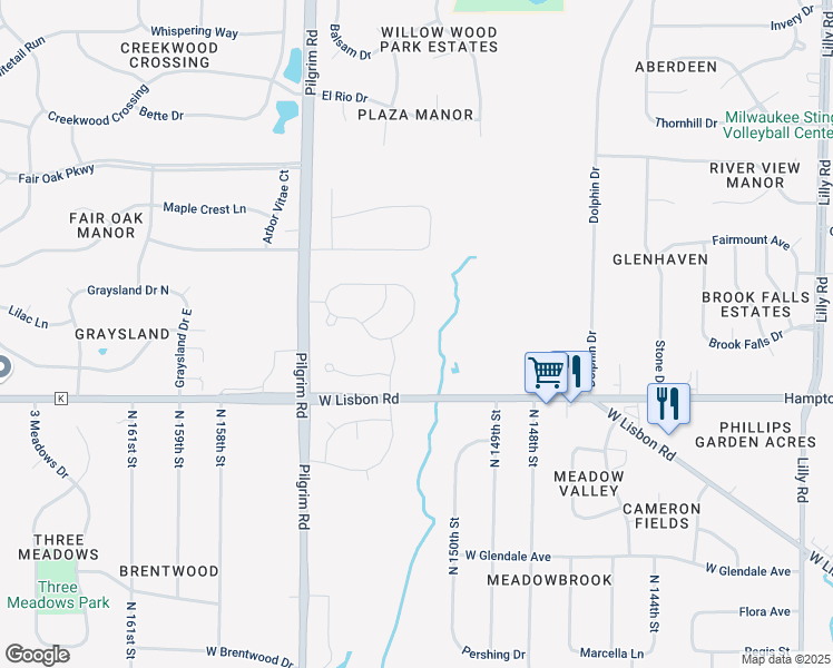 map of restaurants, bars, coffee shops, grocery stores, and more near W152N4960 Orchid Circle in Menomonee Falls