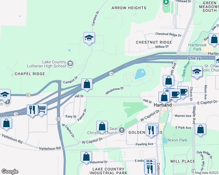 map of restaurants, bars, coffee shops, grocery stores, and more near 530 Windstone Drive in Hartland