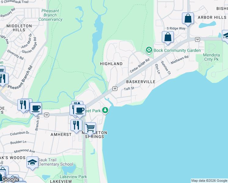 map of restaurants, bars, coffee shops, grocery stores, and more near 3215 Creekview Drive in Middleton
