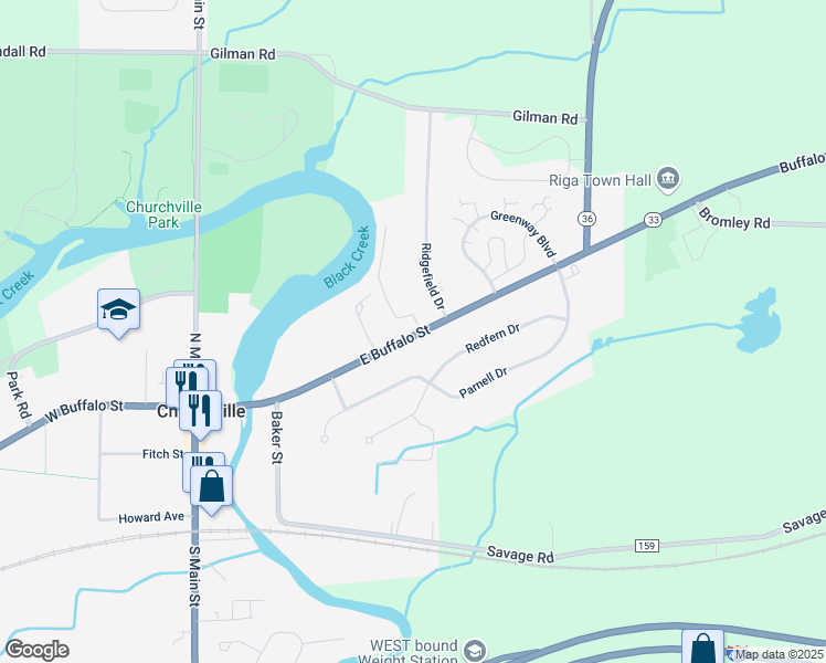 map of restaurants, bars, coffee shops, grocery stores, and more near 92 East Buffalo Street in Churchville