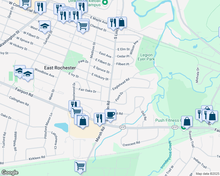 map of restaurants, bars, coffee shops, grocery stores, and more near 901 South Lincoln Road in East Rochester