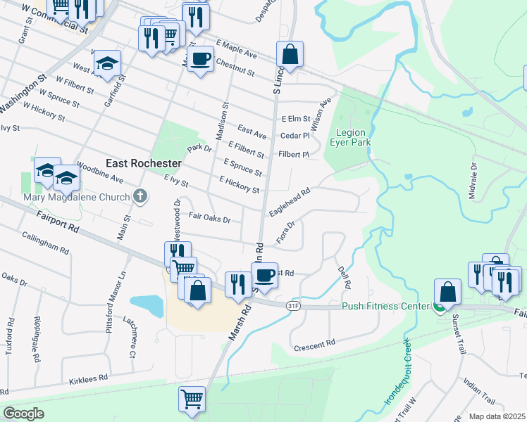 map of restaurants, bars, coffee shops, grocery stores, and more near in East Rochester