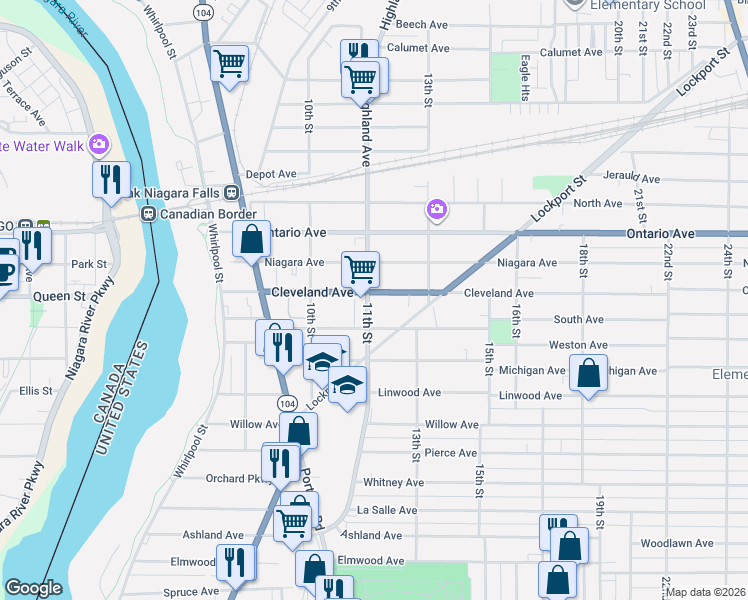 map of restaurants, bars, coffee shops, grocery stores, and more near 1112 Cleveland Avenue in Niagara Falls