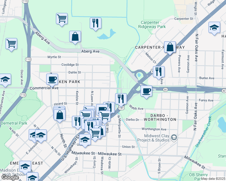 map of restaurants, bars, coffee shops, grocery stores, and more near 2905 Commercial Avenue in Madison