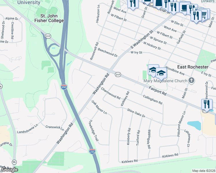 map of restaurants, bars, coffee shops, grocery stores, and more near 110 Washington Road in Pittsford