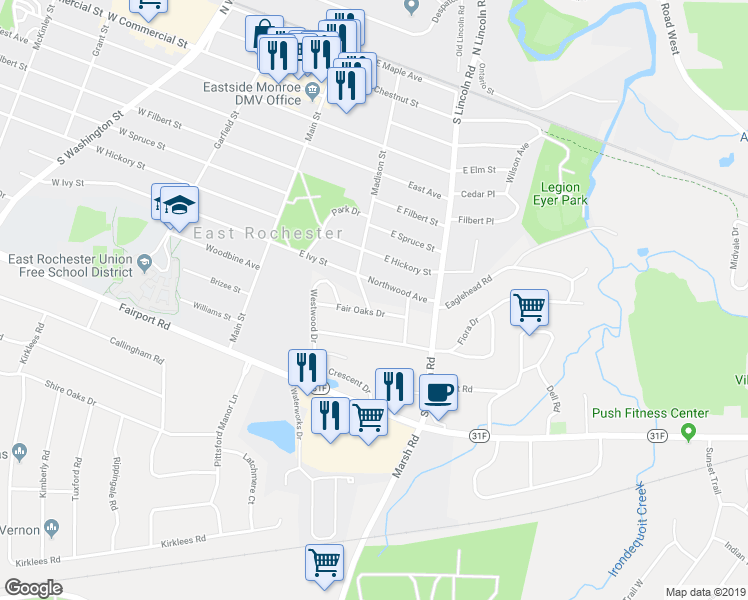 map of restaurants, bars, coffee shops, grocery stores, and more near 13 Regency Drive in East Rochester