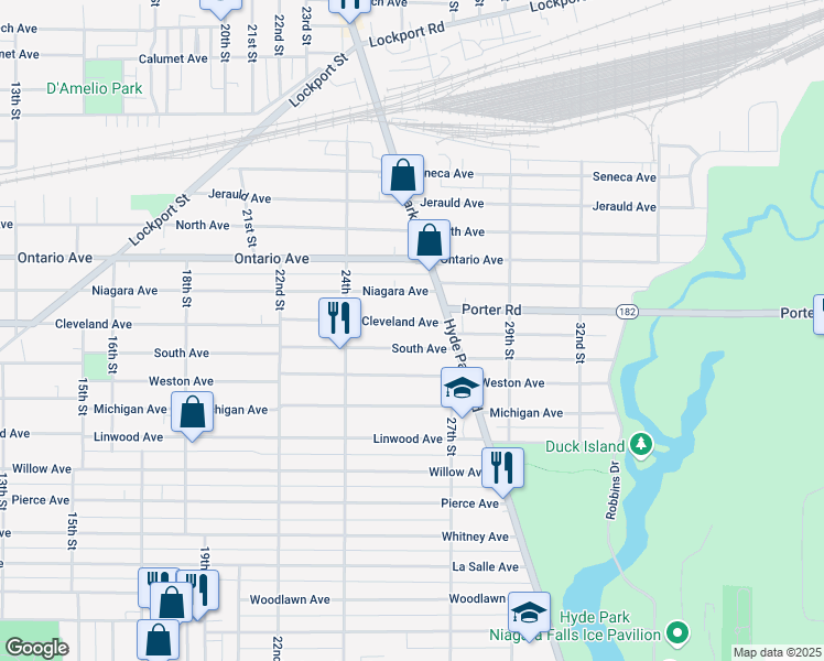 map of restaurants, bars, coffee shops, grocery stores, and more near 2476 Cleveland Avenue in Niagara Falls