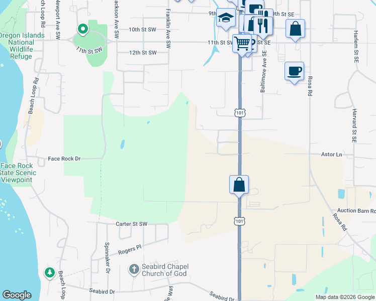 map of restaurants, bars, coffee shops, grocery stores, and more near 87522 18th Street Southwest in Bandon
