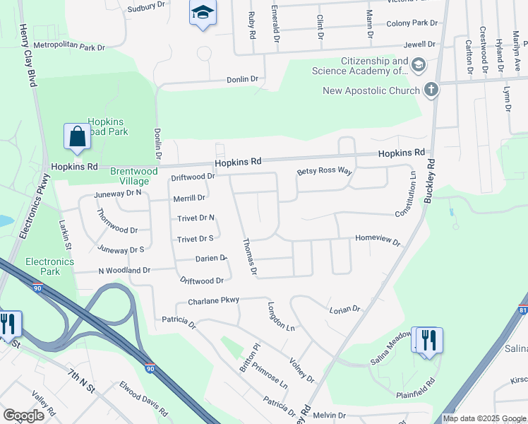 map of restaurants, bars, coffee shops, grocery stores, and more near 6942 Shannon Way in Liverpool