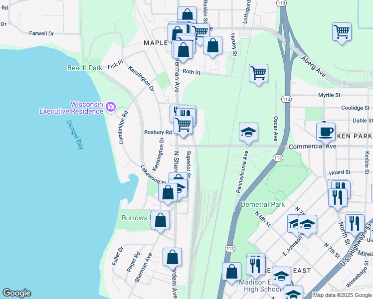 map of restaurants, bars, coffee shops, grocery stores, and more near 1718 Commercial Avenue in Madison