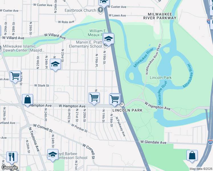 map of restaurants, bars, coffee shops, grocery stores, and more near 4921 North 18th Street in Milwaukee