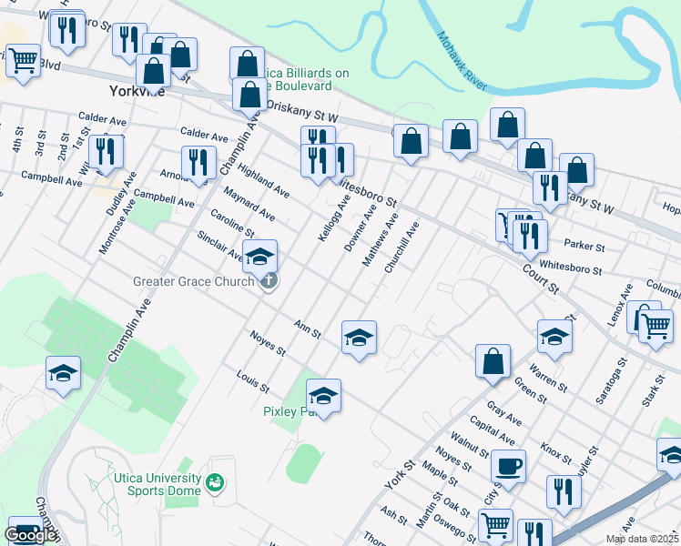 map of restaurants, bars, coffee shops, grocery stores, and more near 1009 Downer Avenue in Utica