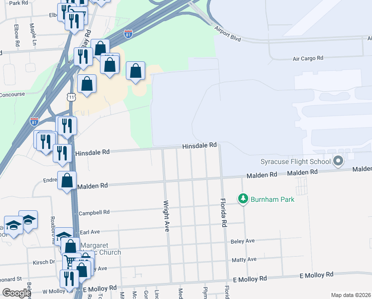 map of restaurants, bars, coffee shops, grocery stores, and more near 626 Plymouth Avenue in Syracuse