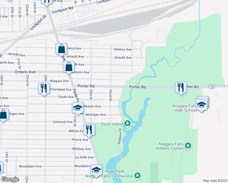 map of restaurants, bars, coffee shops, grocery stores, and more near 2967 New York 182 in Niagara Falls