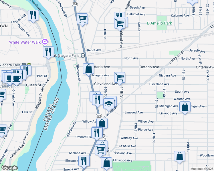 map of restaurants, bars, coffee shops, grocery stores, and more near 2006 10th Street in Niagara Falls