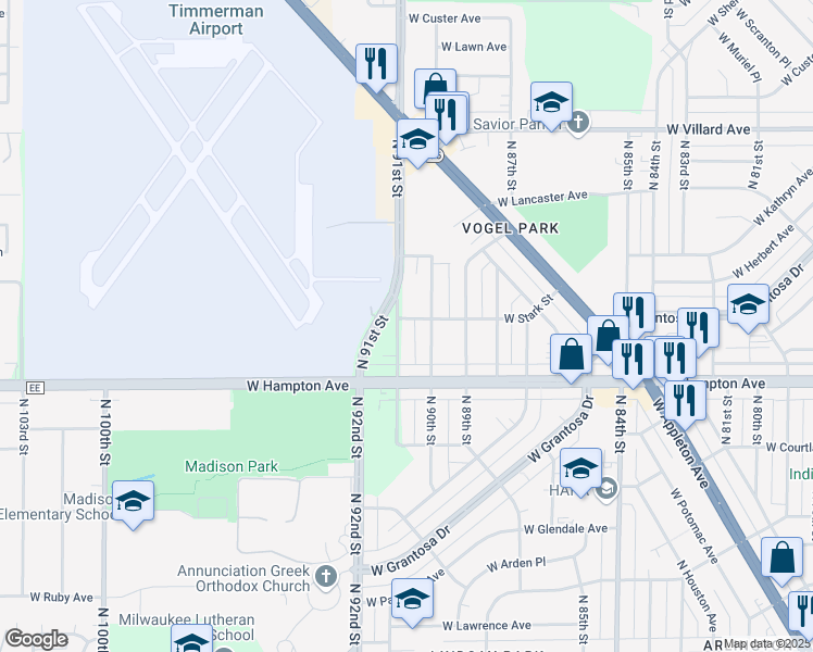 map of restaurants, bars, coffee shops, grocery stores, and more near 4904 North 91st Street in Milwaukee