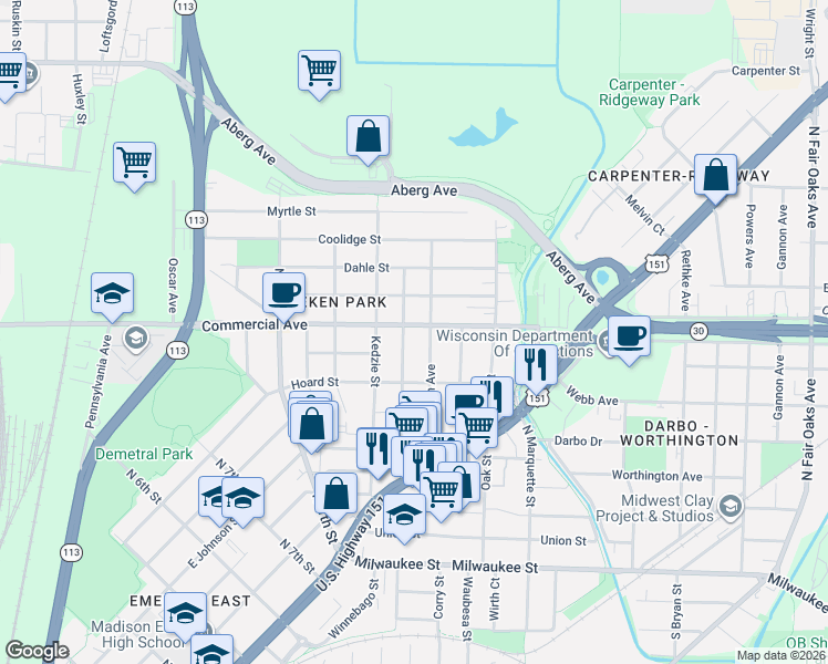 map of restaurants, bars, coffee shops, grocery stores, and more near 2738 Commercial Avenue in Madison