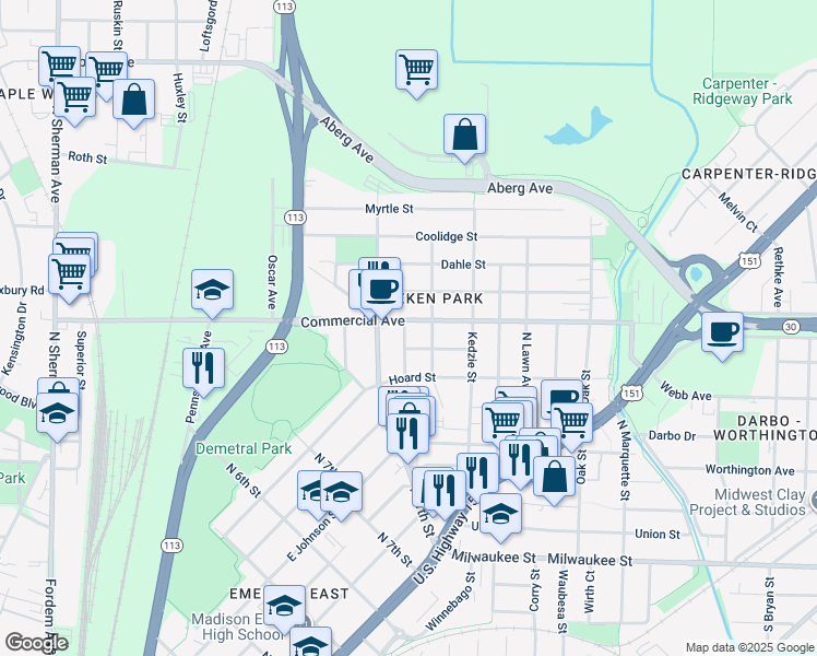 map of restaurants, bars, coffee shops, grocery stores, and more near 2514 Commercial Avenue in Madison