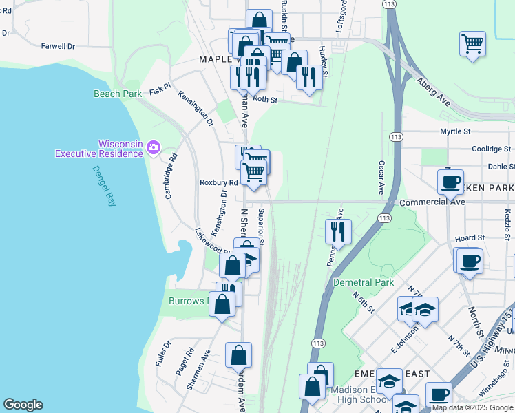 map of restaurants, bars, coffee shops, grocery stores, and more near 1718 Commercial Avenue in Madison