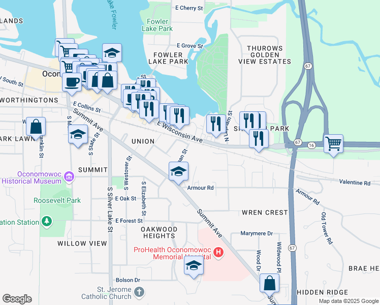map of restaurants, bars, coffee shops, grocery stores, and more near 422 South Lyman Street in Oconomowoc
