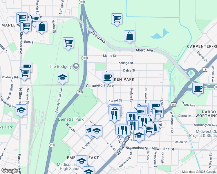 map of restaurants, bars, coffee shops, grocery stores, and more near 2514 Commercial Avenue in Madison