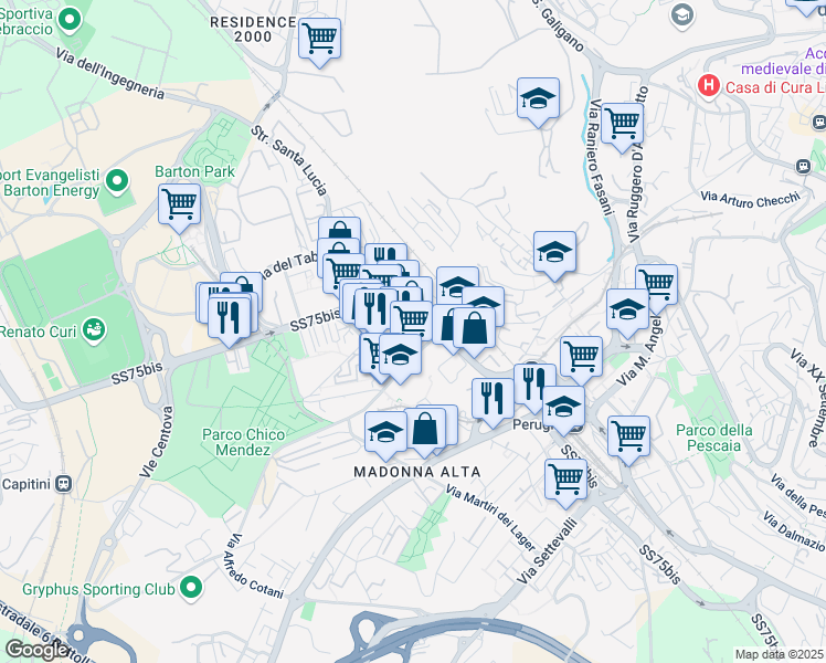 map of restaurants, bars, coffee shops, grocery stores, and more near 110 Via Romeo Gallenga in Perugia