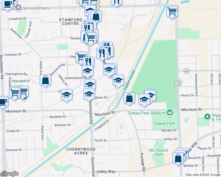 map of restaurants, bars, coffee shops, grocery stores, and more near 4604 Portage Road in Niagara Falls