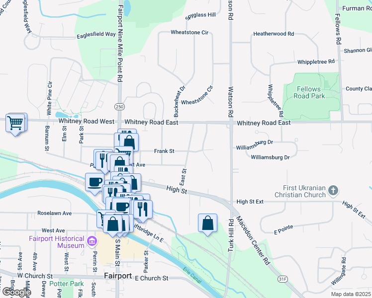 map of restaurants, bars, coffee shops, grocery stores, and more near 55 Frank Street in Fairport
