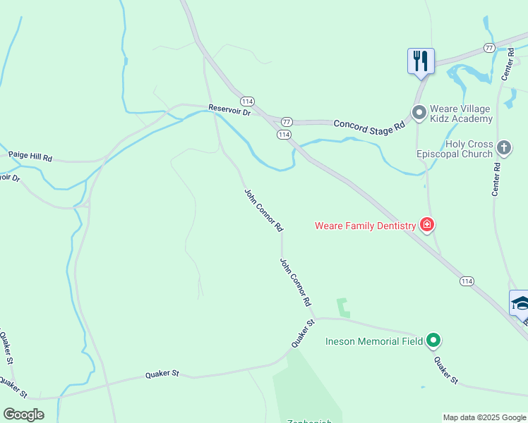 map of restaurants, bars, coffee shops, grocery stores, and more near 84 John Connor Road in Weare
